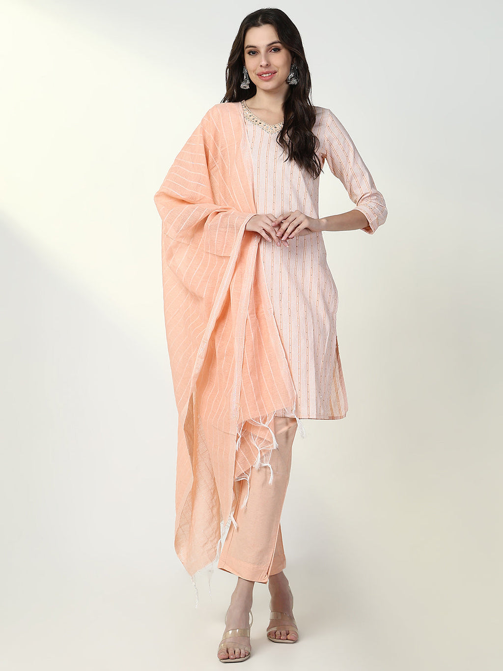 Women's Striped Peach Straight Kurta Set with Dupatta