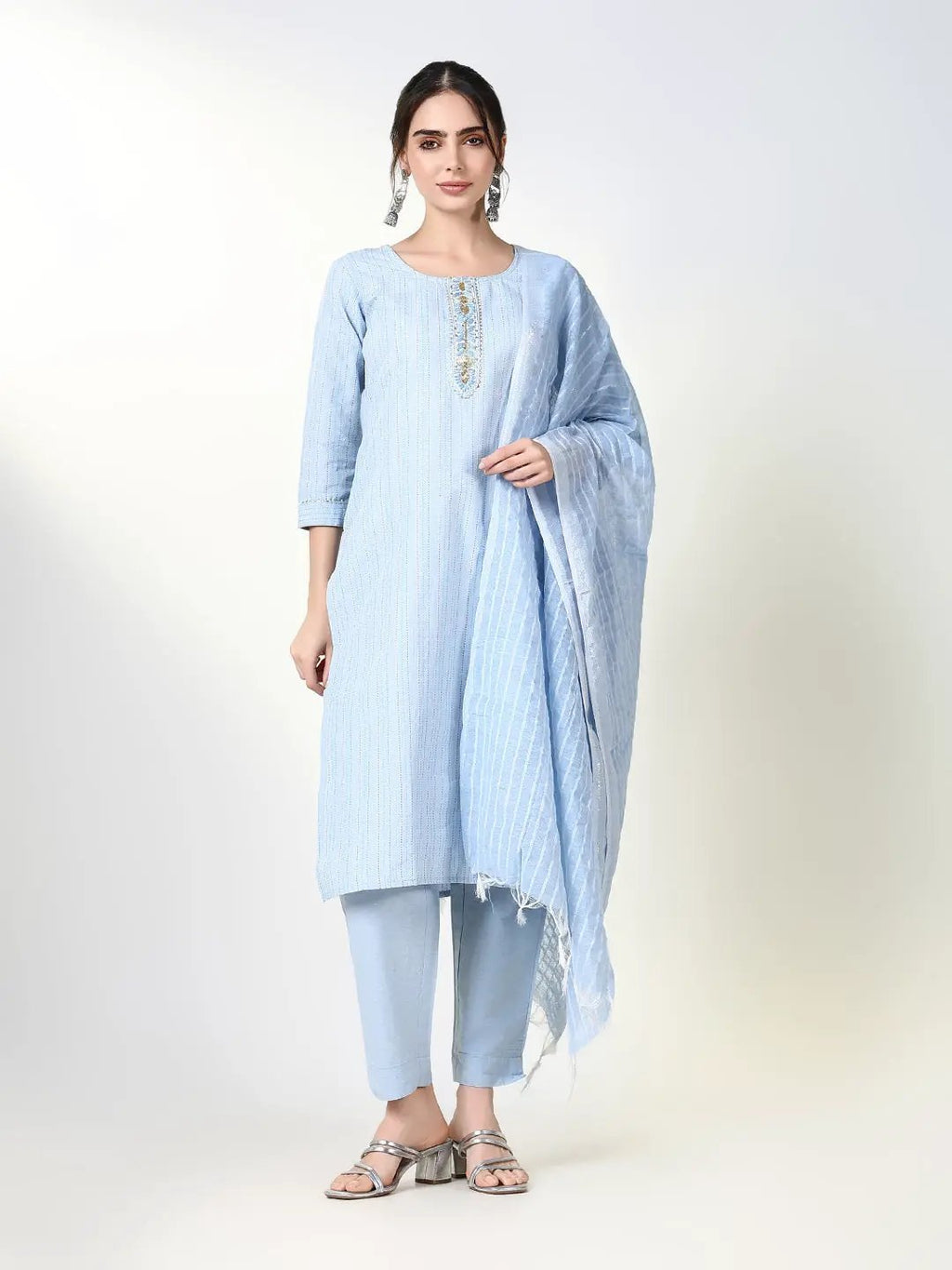 Women's Striped Blue Straight Kurta Set with Dupatta