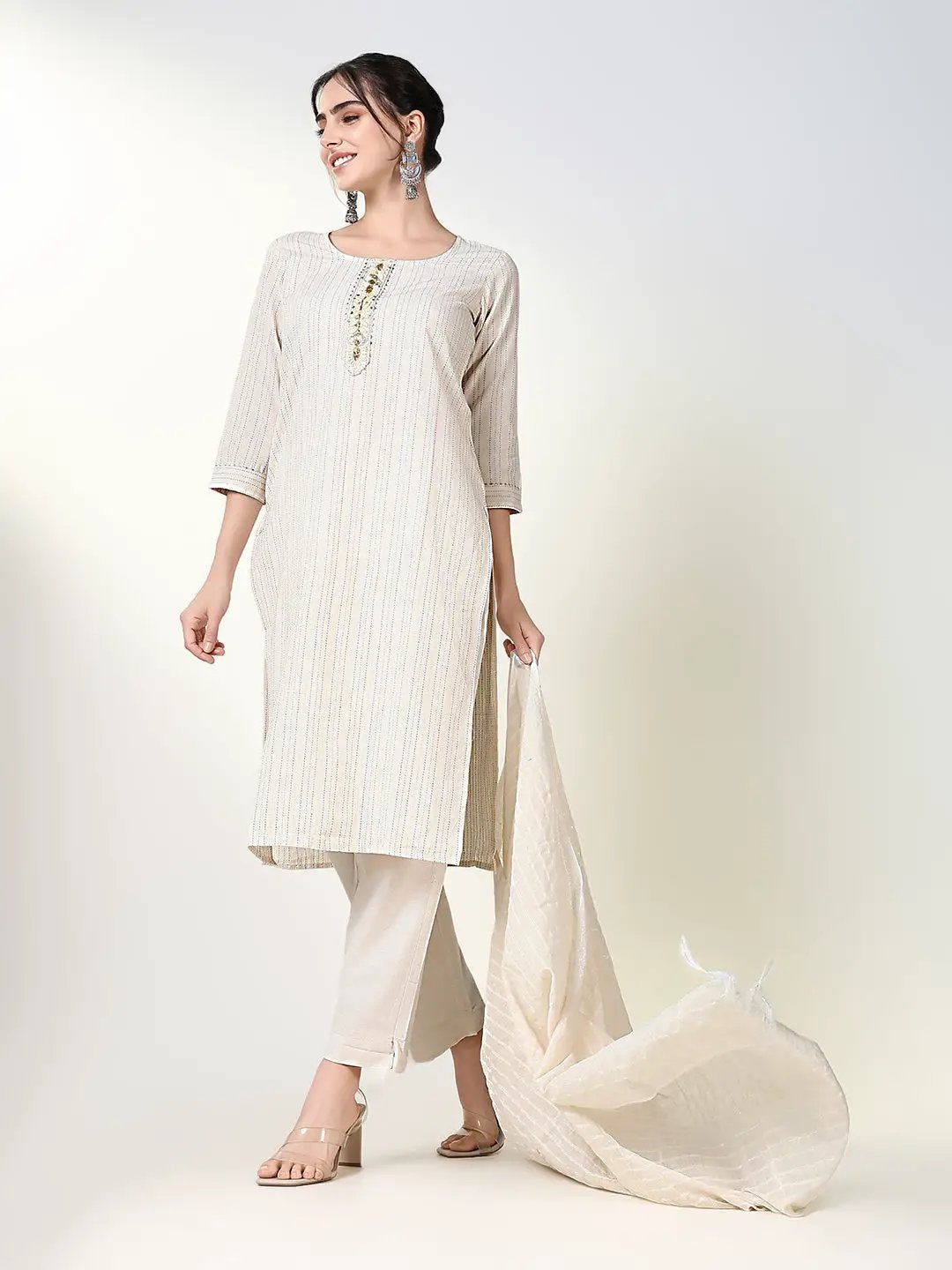 Women's Striped Cream Straight Kurta Set with Dupatta