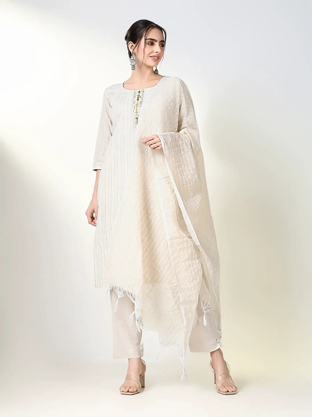 Women's Striped Cream Straight Kurta Set with Dupatta