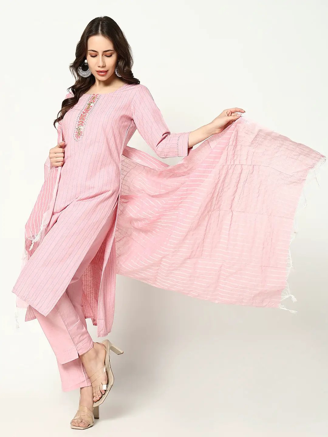 Women's Striped Pink Kurta Set with Dupatta