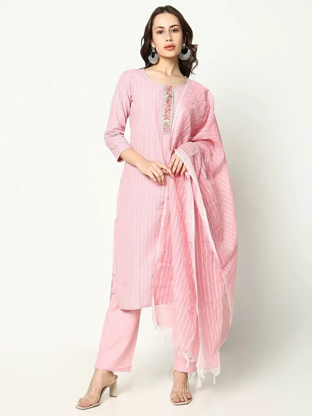 Women's Striped Pink Kurta Set with Dupatta
