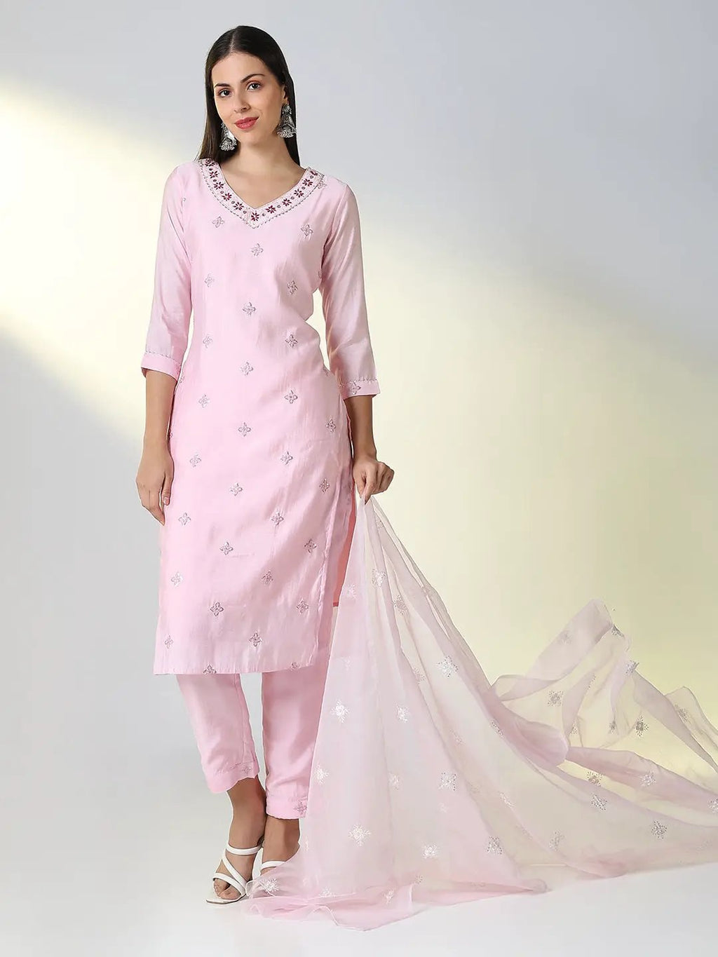 Women's Pink Solid Straight Kurta Set with Dupatta