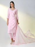 Women's Pink Solid Straight Kurta Set with Dupatta