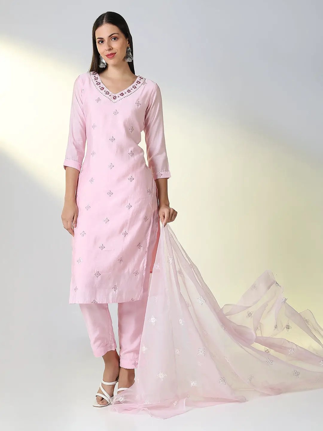 Women's Pink Solid Straight Kurta Set with Dupatta