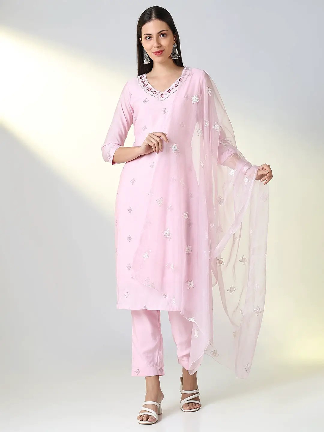Women's Pink Solid Straight Kurta Set with Dupatta