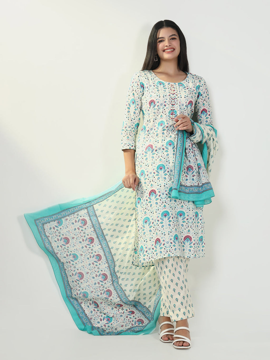 Women's Blue Floral Kurta Set with Dupatta