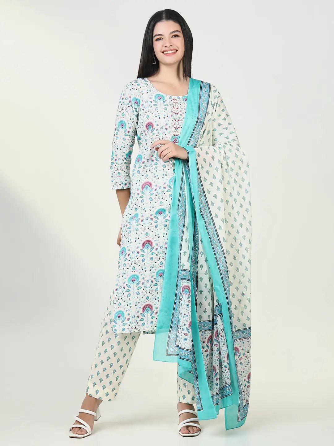 Women's Blue Floral Kurta Set with Dupatta