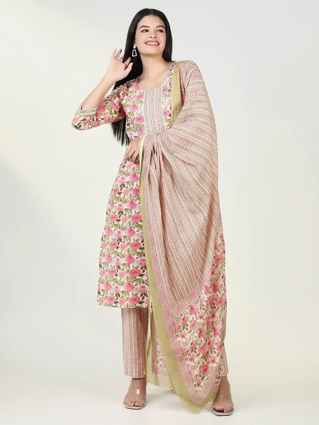 Women's Floral Pink Kurta Set with Dupatta