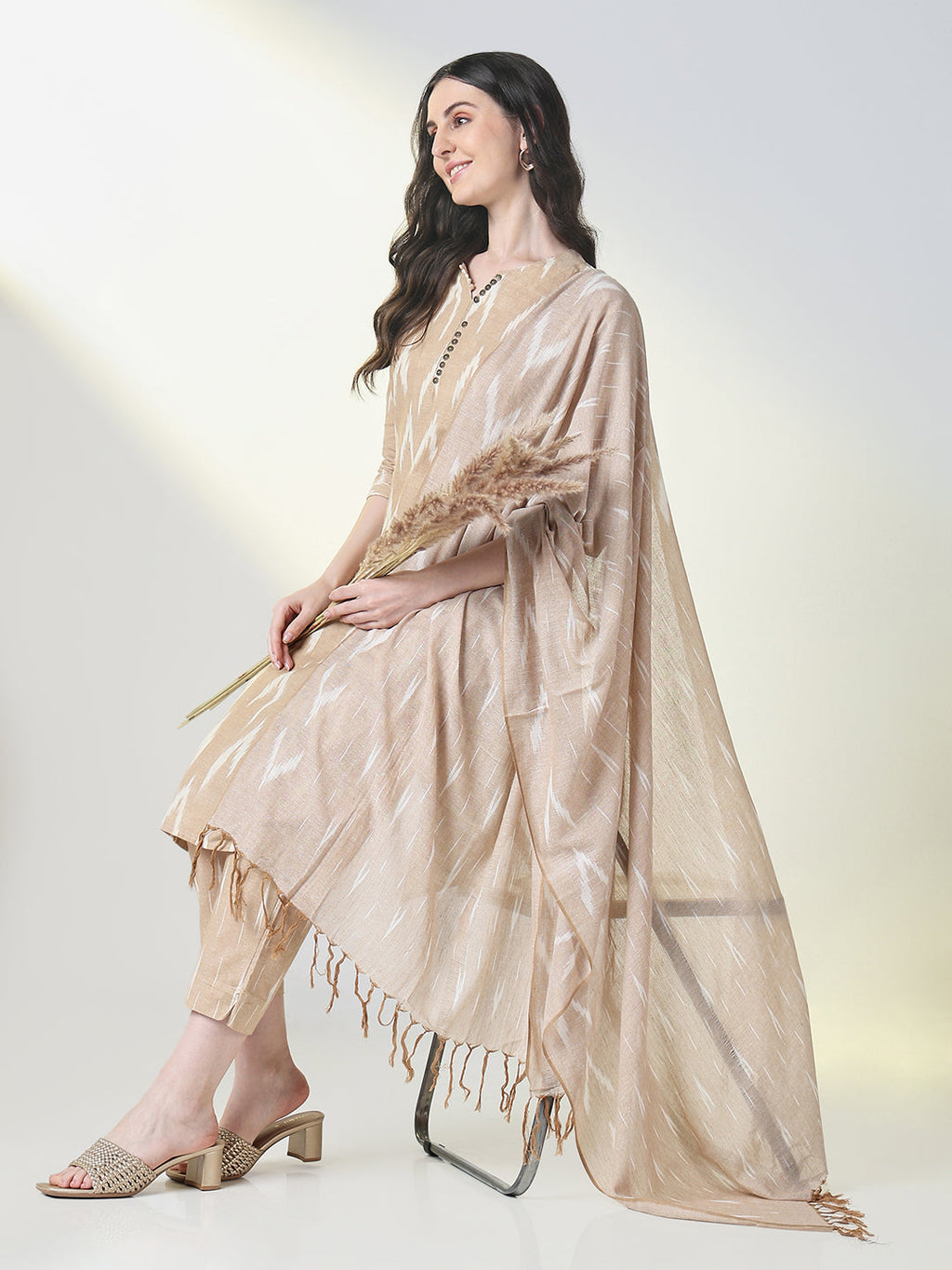 Women's Beige Graphic Straight Kurta Sets with Dupatta