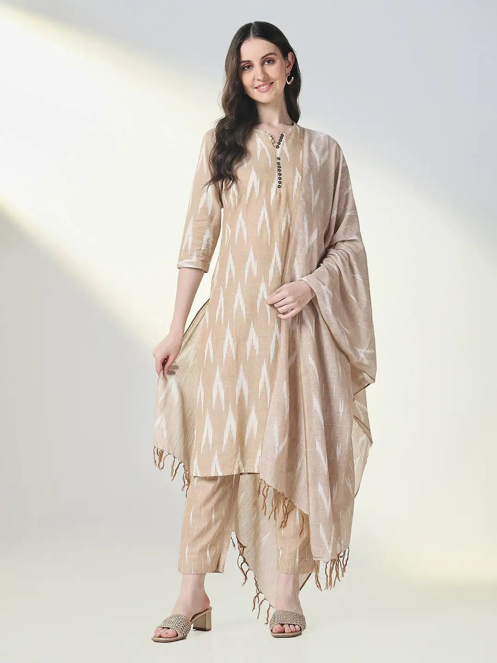 Women's Beige Graphic Straight Kurta Sets with Dupatta