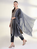 Women's Floral Sequinned Grey Straight Kurta Set with Dupatta