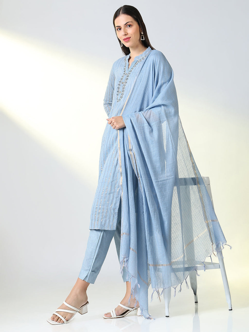 Women's Blue Striped Straight Kurta Set with Dupatta