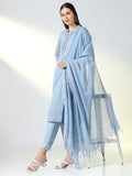 Women's Blue Striped Straight Kurta Set with Dupatta