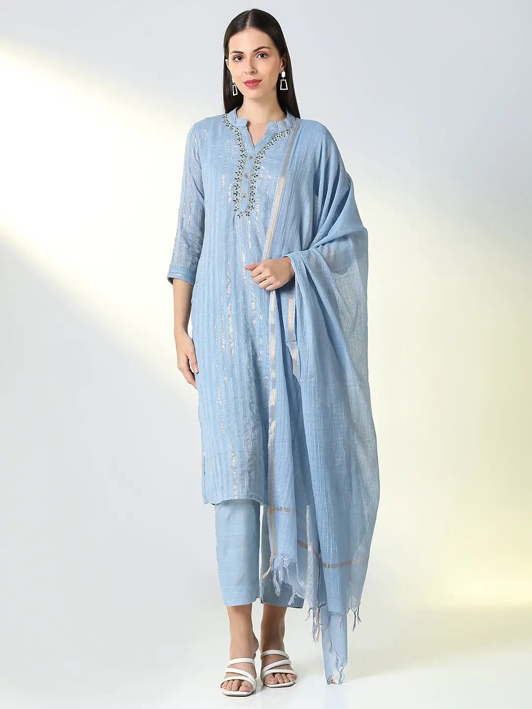 Women's Blue Striped Straight Kurta Set with Dupatta