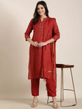 Women's Straight Red Striped Kurta Sets with Trousers & Dupatta