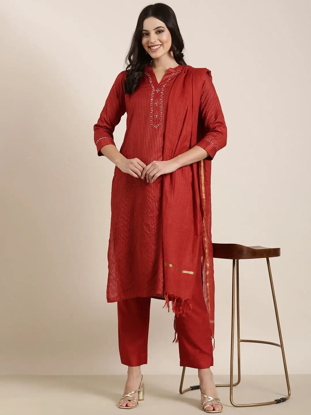 Women's Straight Red Striped Kurta Sets with Trousers & Dupatta