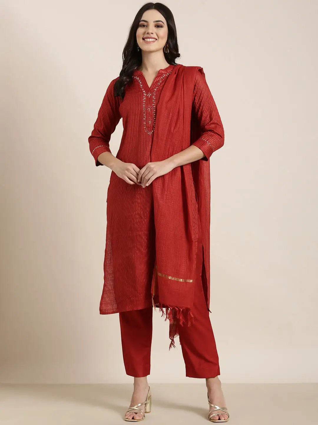 Women's Straight Red Striped Kurta Sets with Trousers & Dupatta