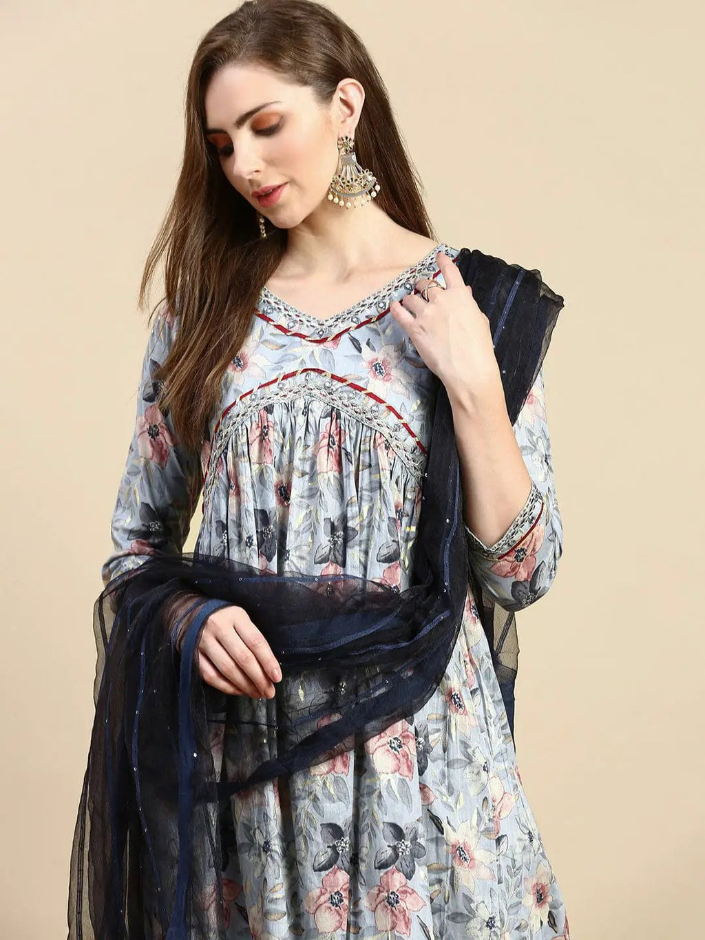 Women's Floral Grey Anarkali Kurta Set with Dupatta