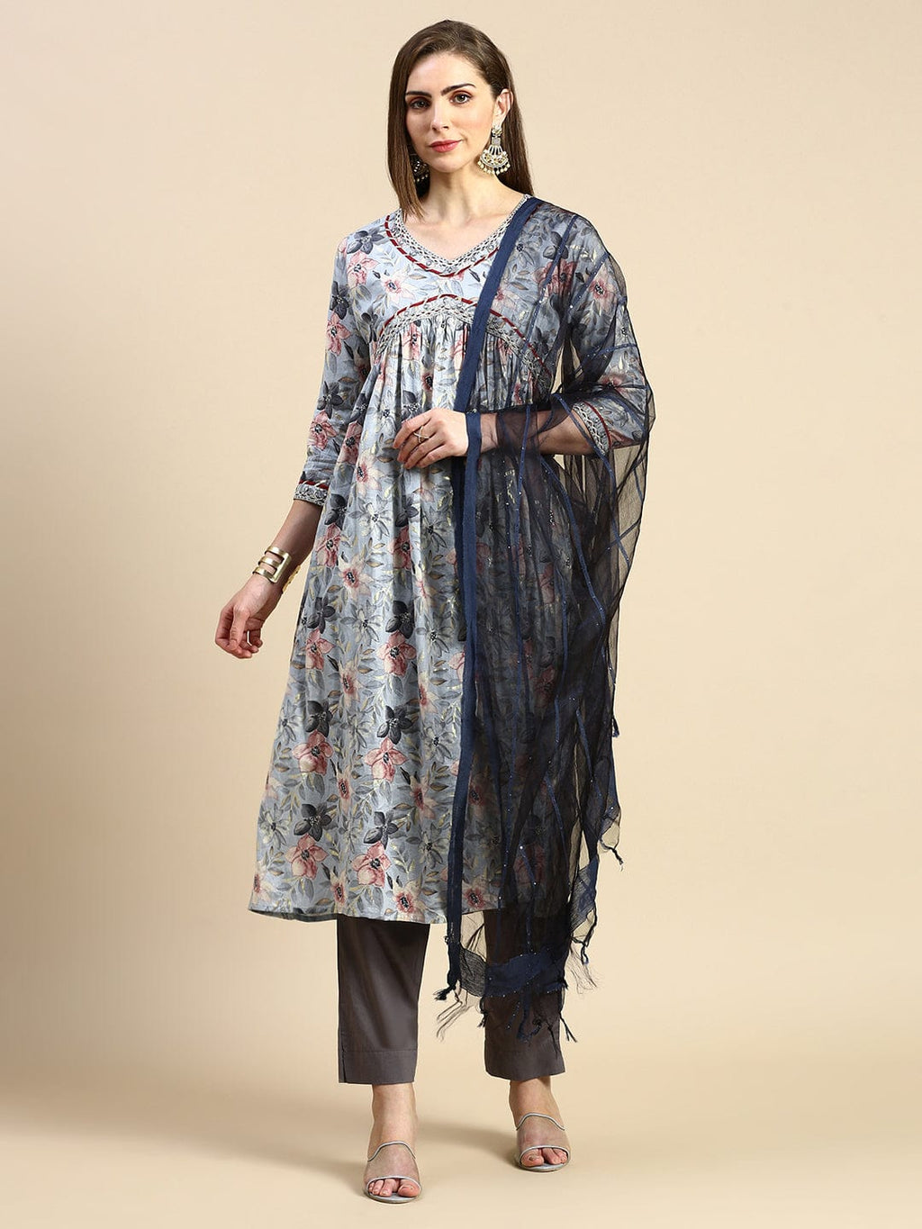 Women's Floral Grey Anarkali Kurta Set with Dupatta
