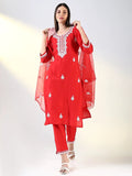 Women's Red Floral Straight Kurta Set with Dupatta