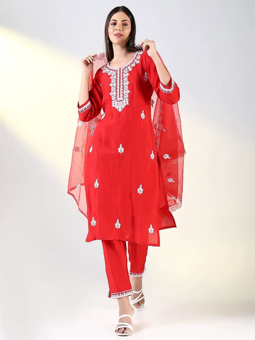 Women's Red Floral Straight Kurta Set with Dupatta