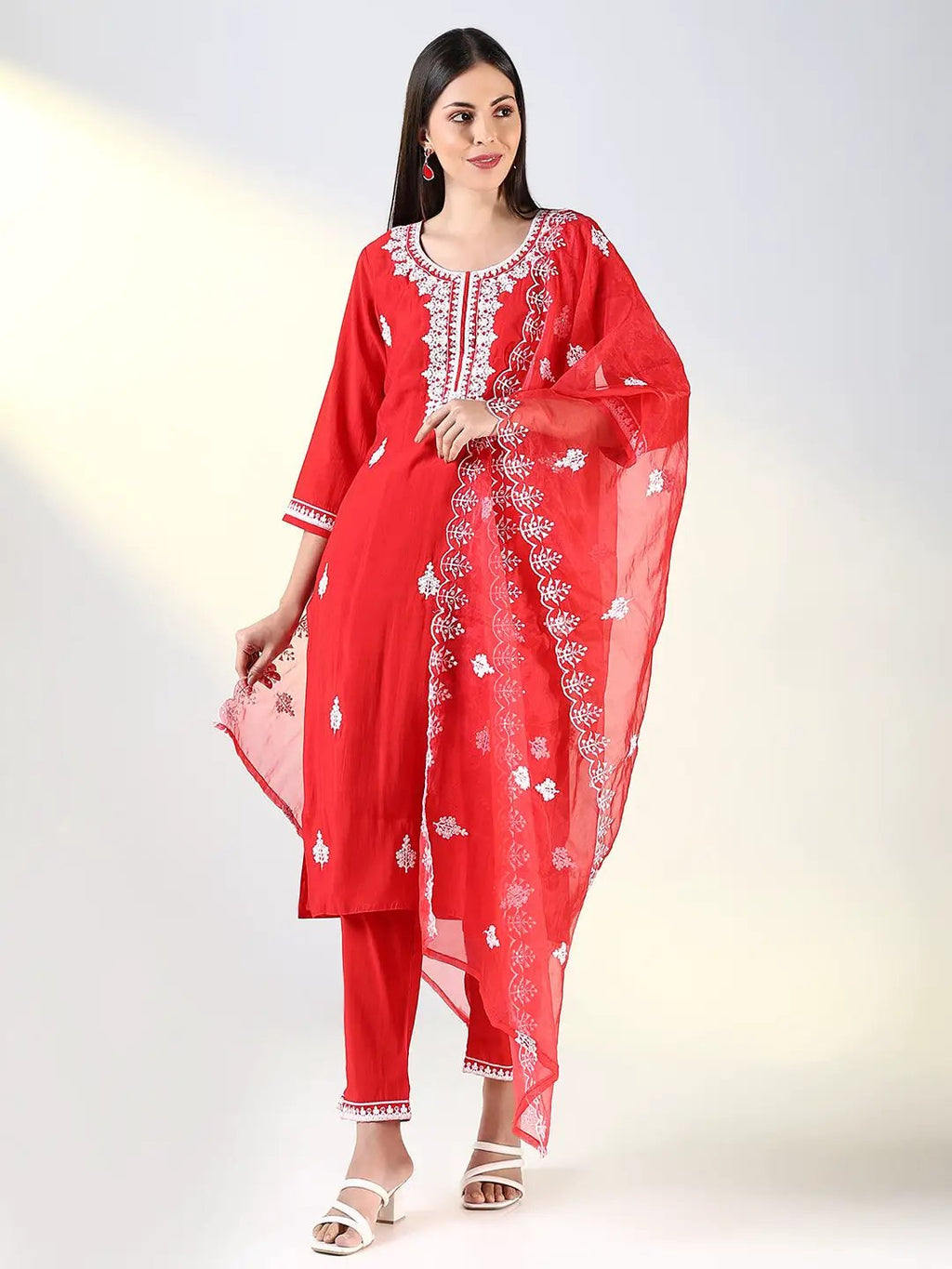 Women's Red Floral Straight Kurta Set with Dupatta