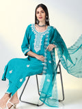 Women's Teal Floral Straight Kurta Set with Dupatta