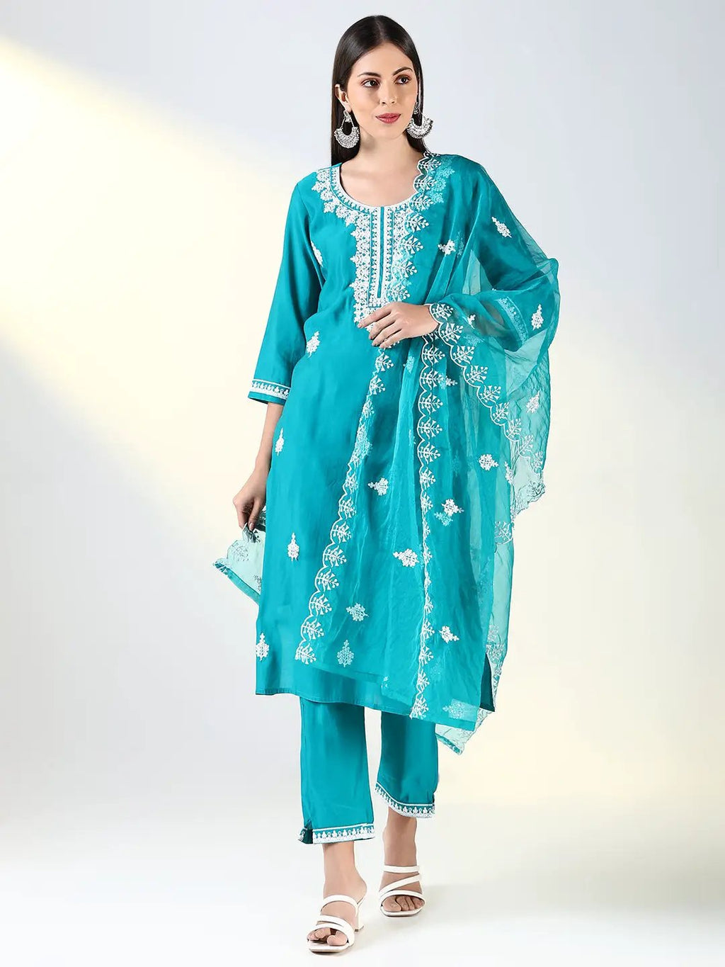 Women's Teal Floral Straight Kurta Set with Dupatta