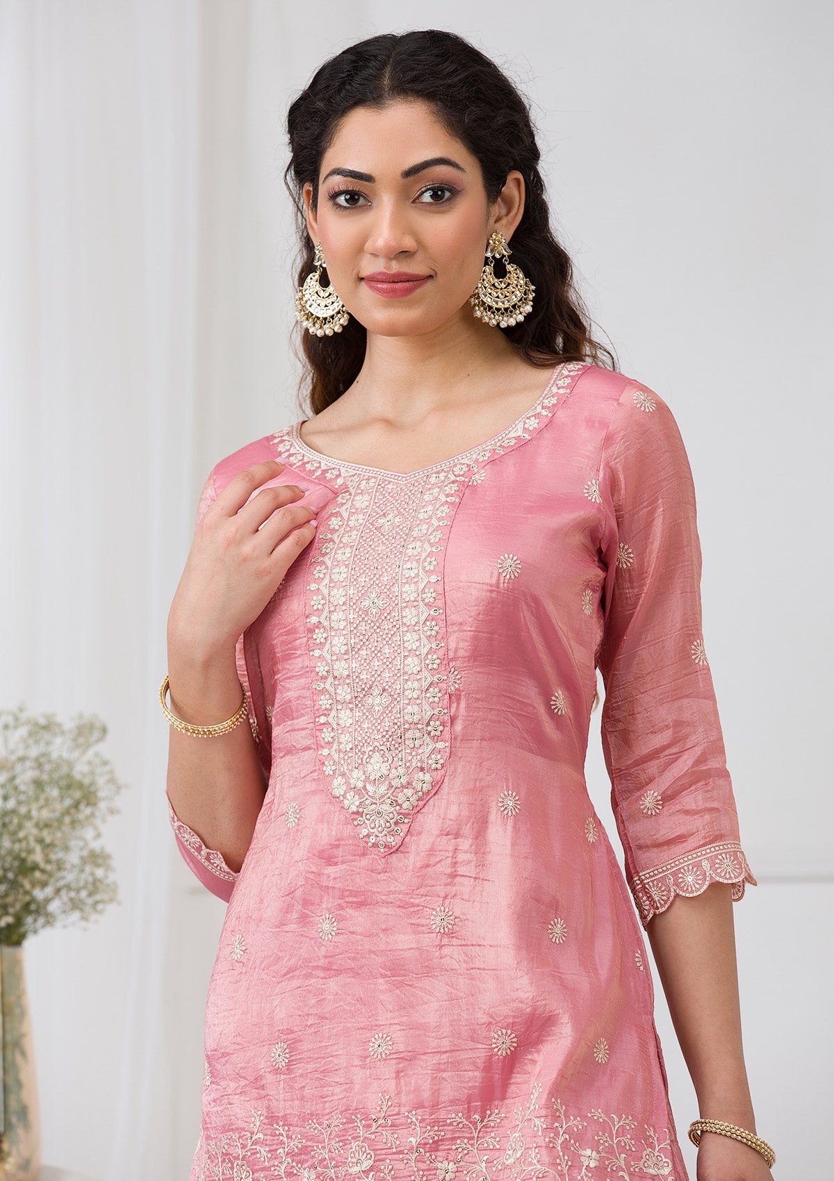 Pink Threadwork Semi Crepe Readymade Sharara Suit