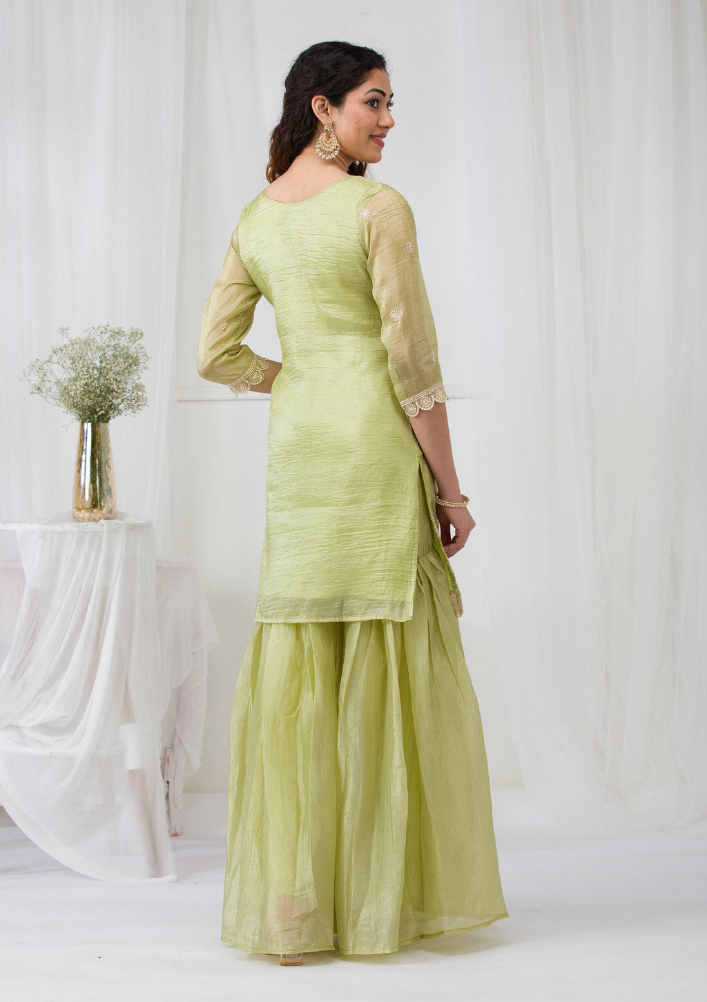 Pista Green Threadwork Semi Crepe Readymade Sharara Suit
