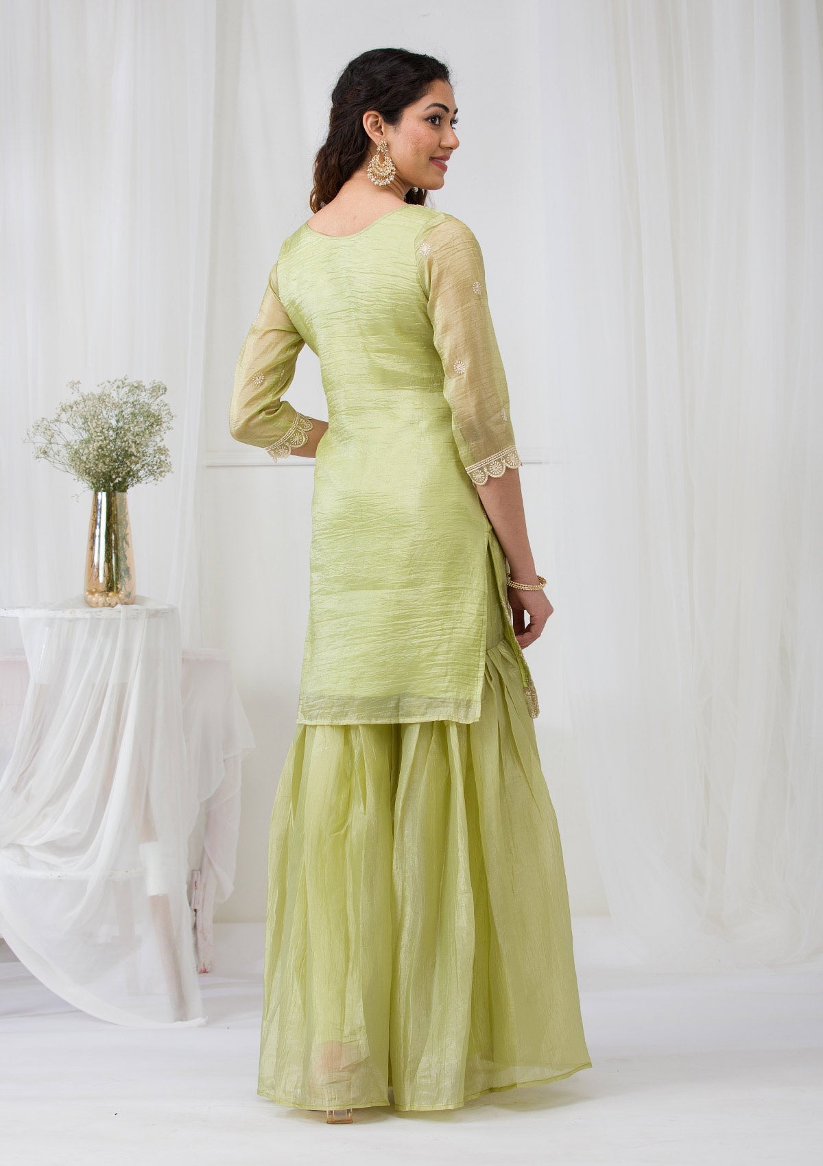 Pista Green Threadwork Semi Crepe Readymade Sharara Suit