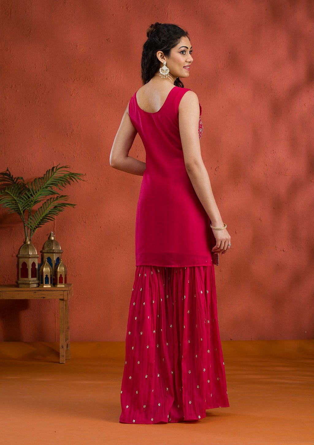 Rani Pink Silver Zariwork Georgette Readymade Sharara Suit