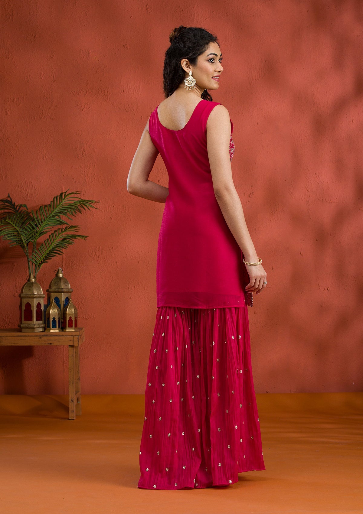 Rani Pink Silver Zariwork Georgette Readymade Sharara Suit
