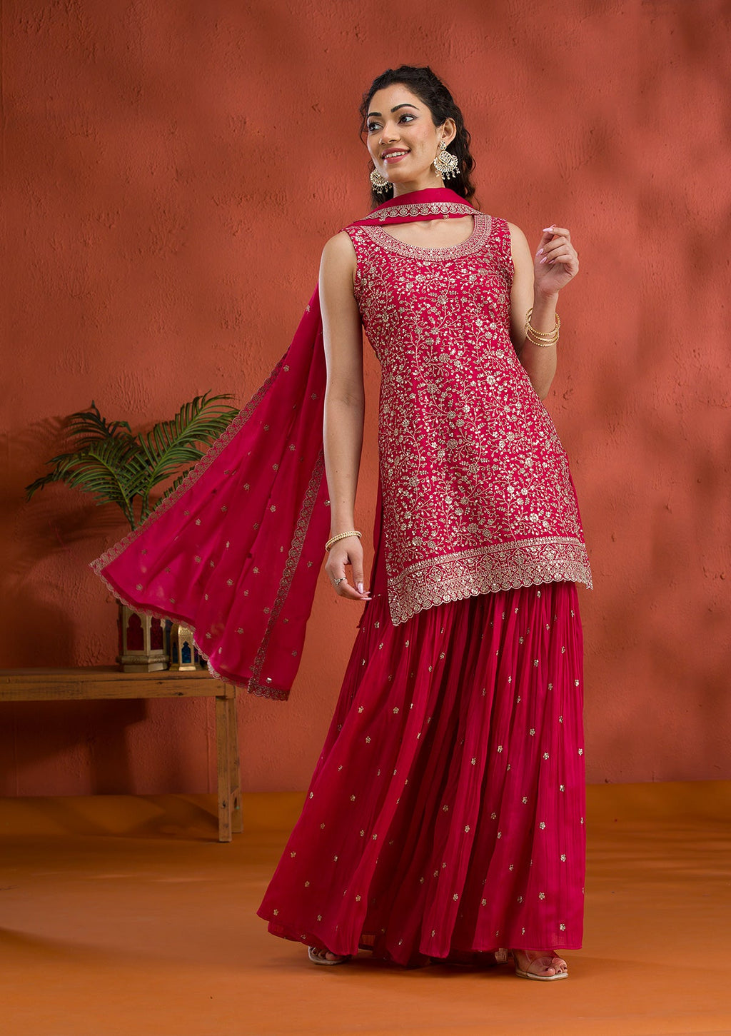 Rani Pink Silver Zariwork Georgette Readymade Sharara Suit