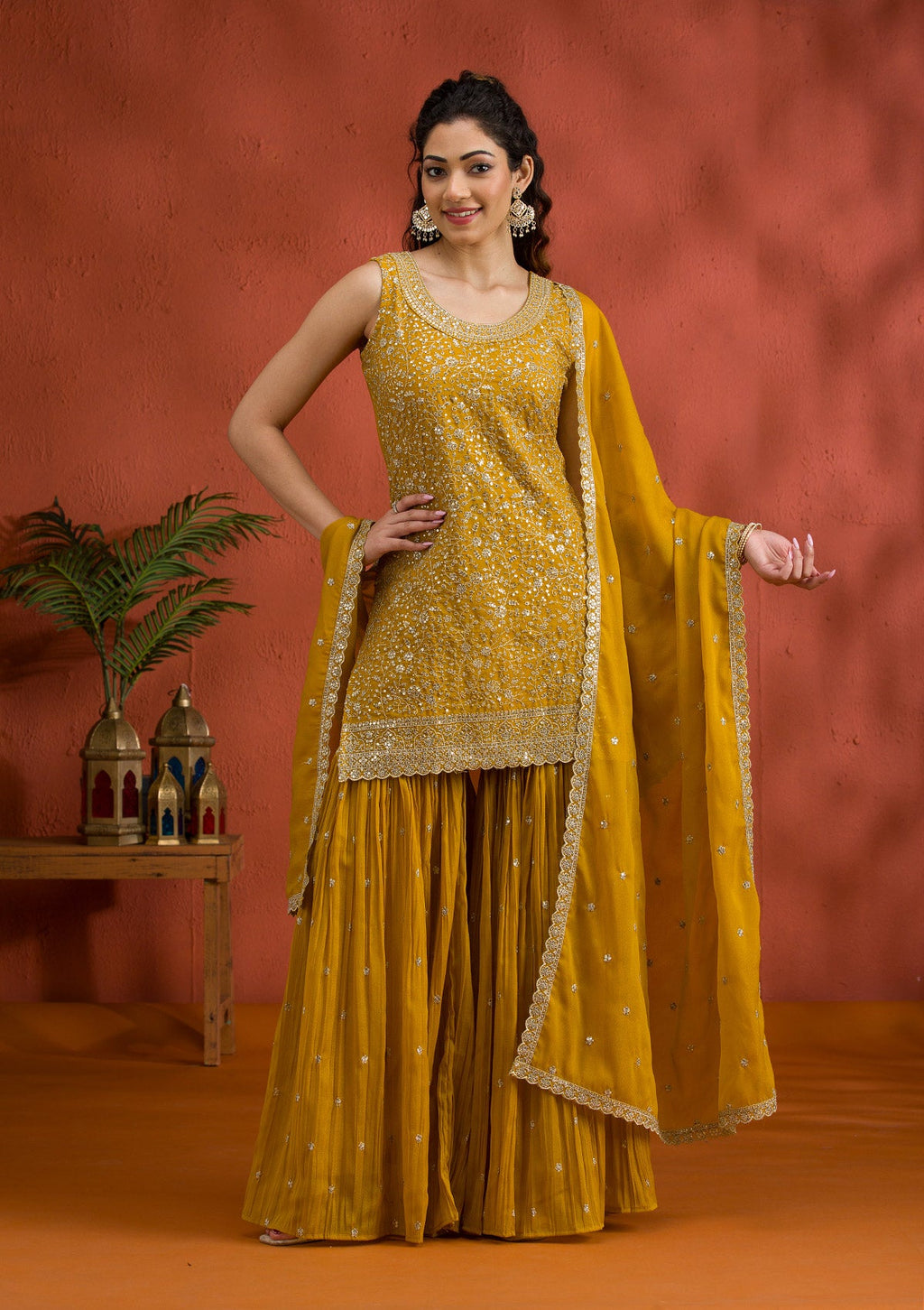 Yellow Silver Zariwork Georgette Readymade Sharara Suit