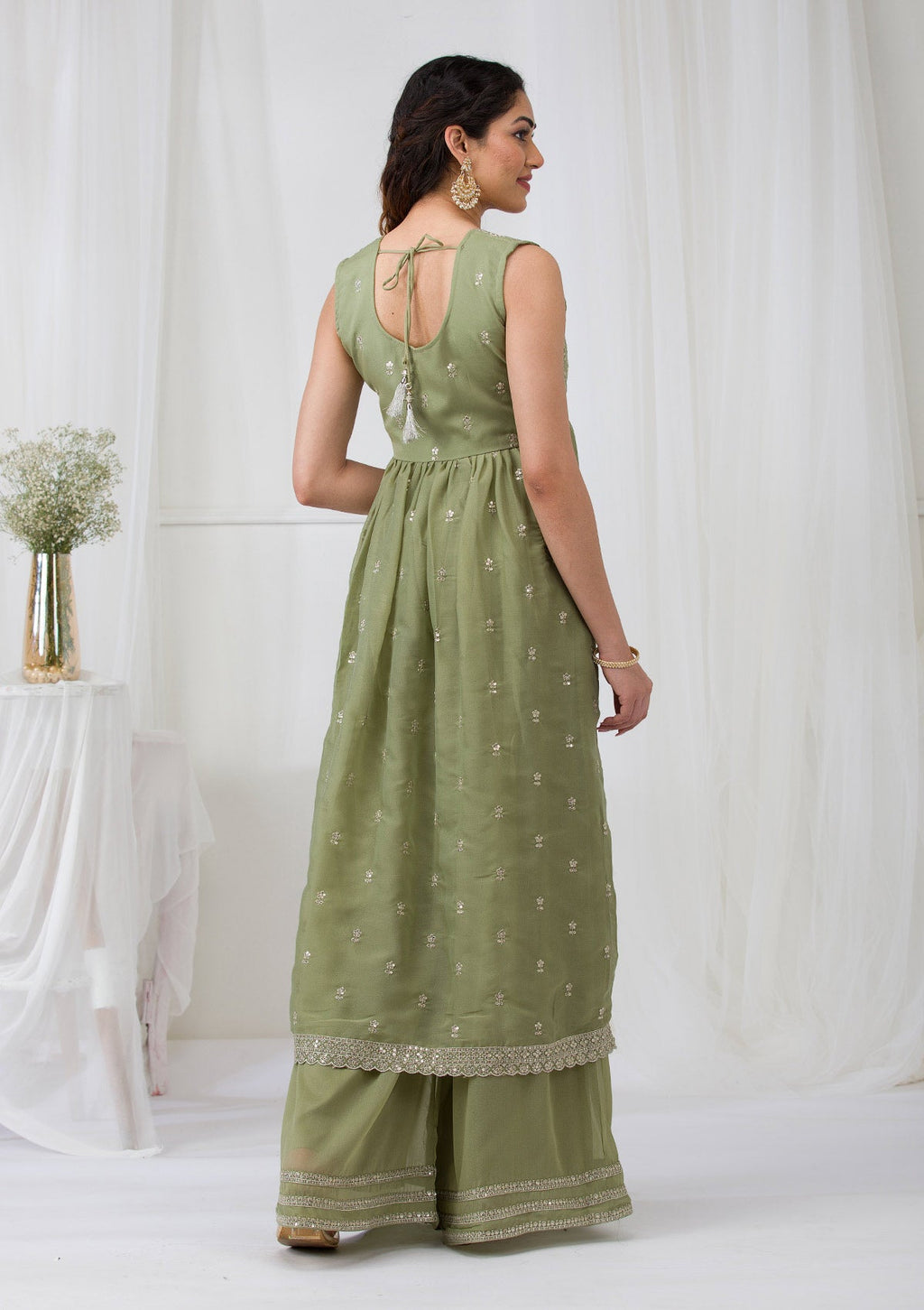 Pista Green Silver Zariwork Georgette Readymade Salwar Suit