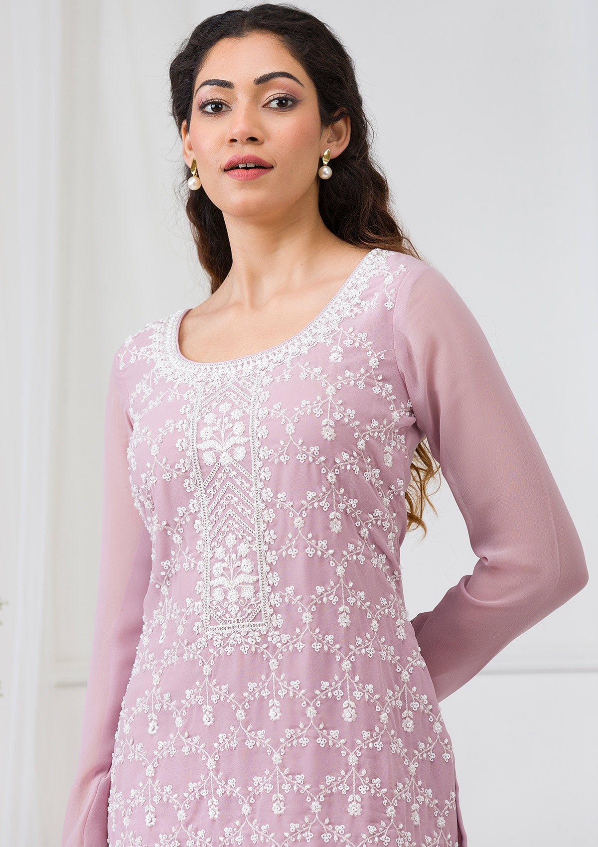 Lavender Threadwork Georgette Readymade Salwar Suit