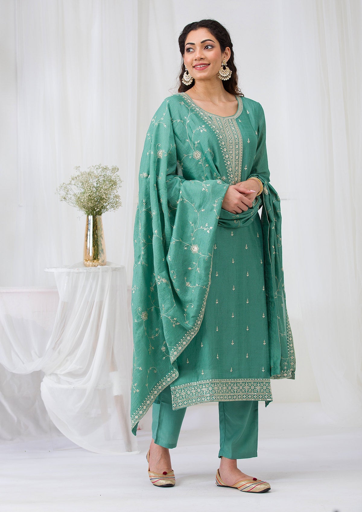 Sea Green Sequins Raw Silk Readymade Salwar Suit