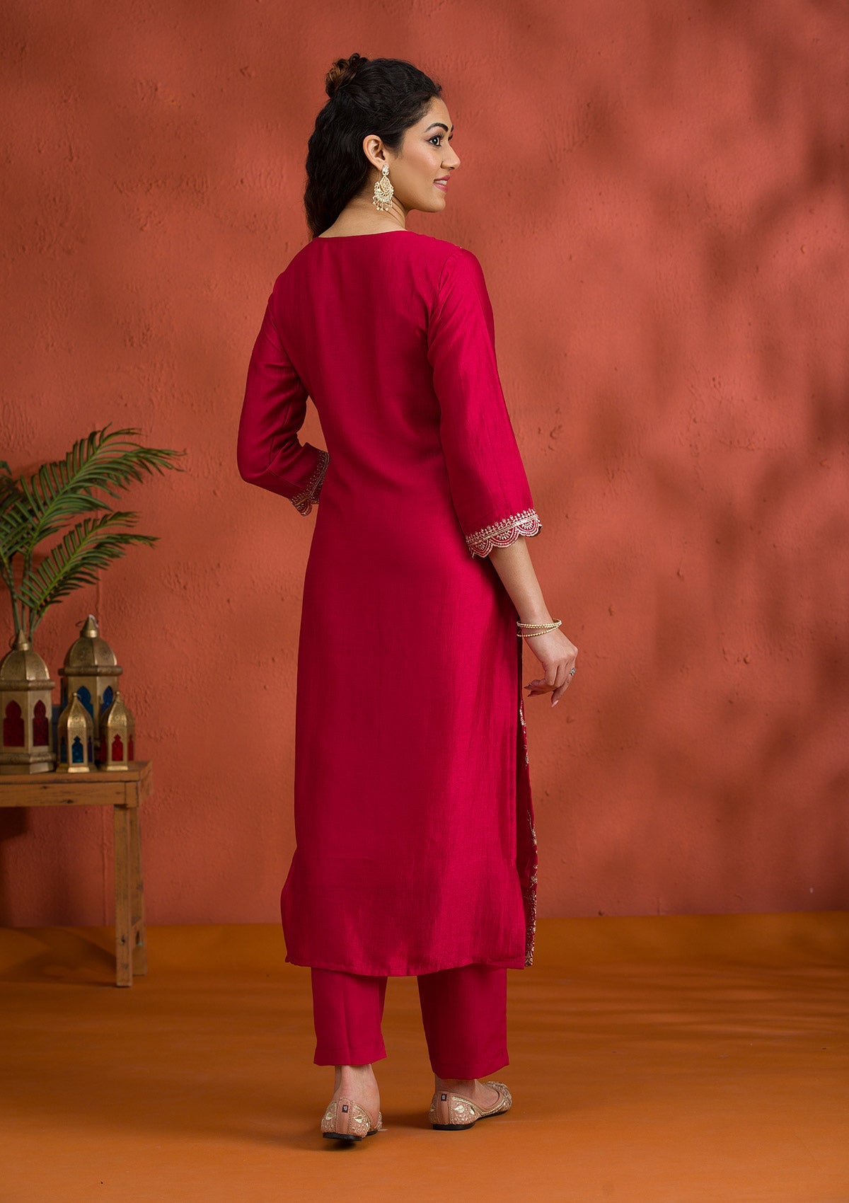 Rani Pink Threadwork Raw Silk Readymade Salwar Suit