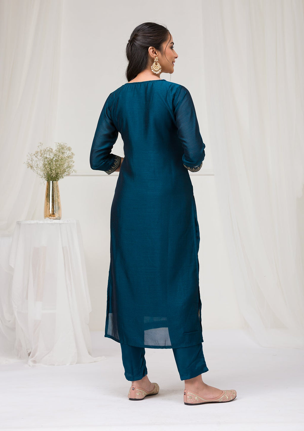 Peacock Blue Sequins Raw Silk Readymade Salwar Suit
