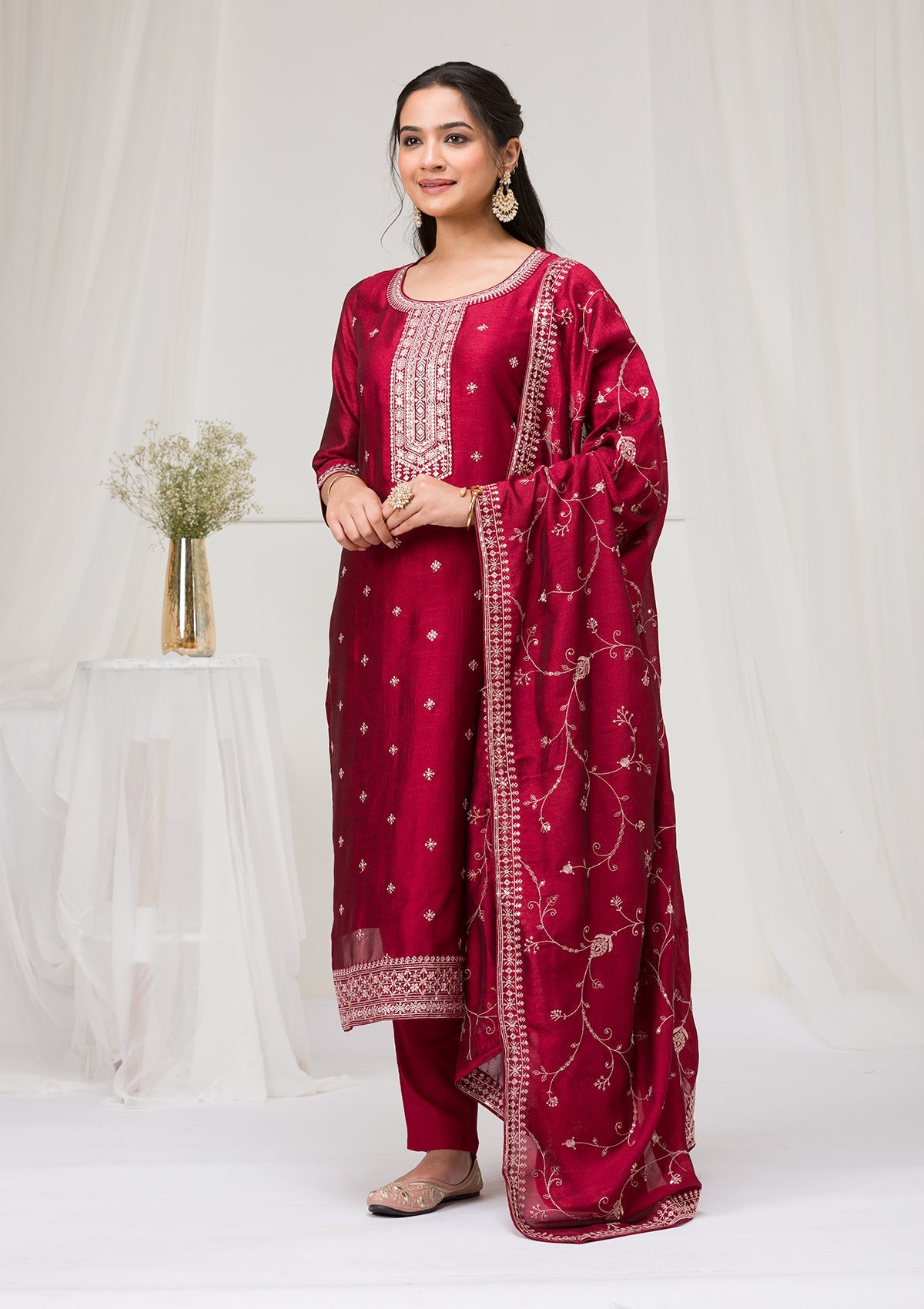 Maroon Sequins Raw Silk Readymade Salwar Suit
