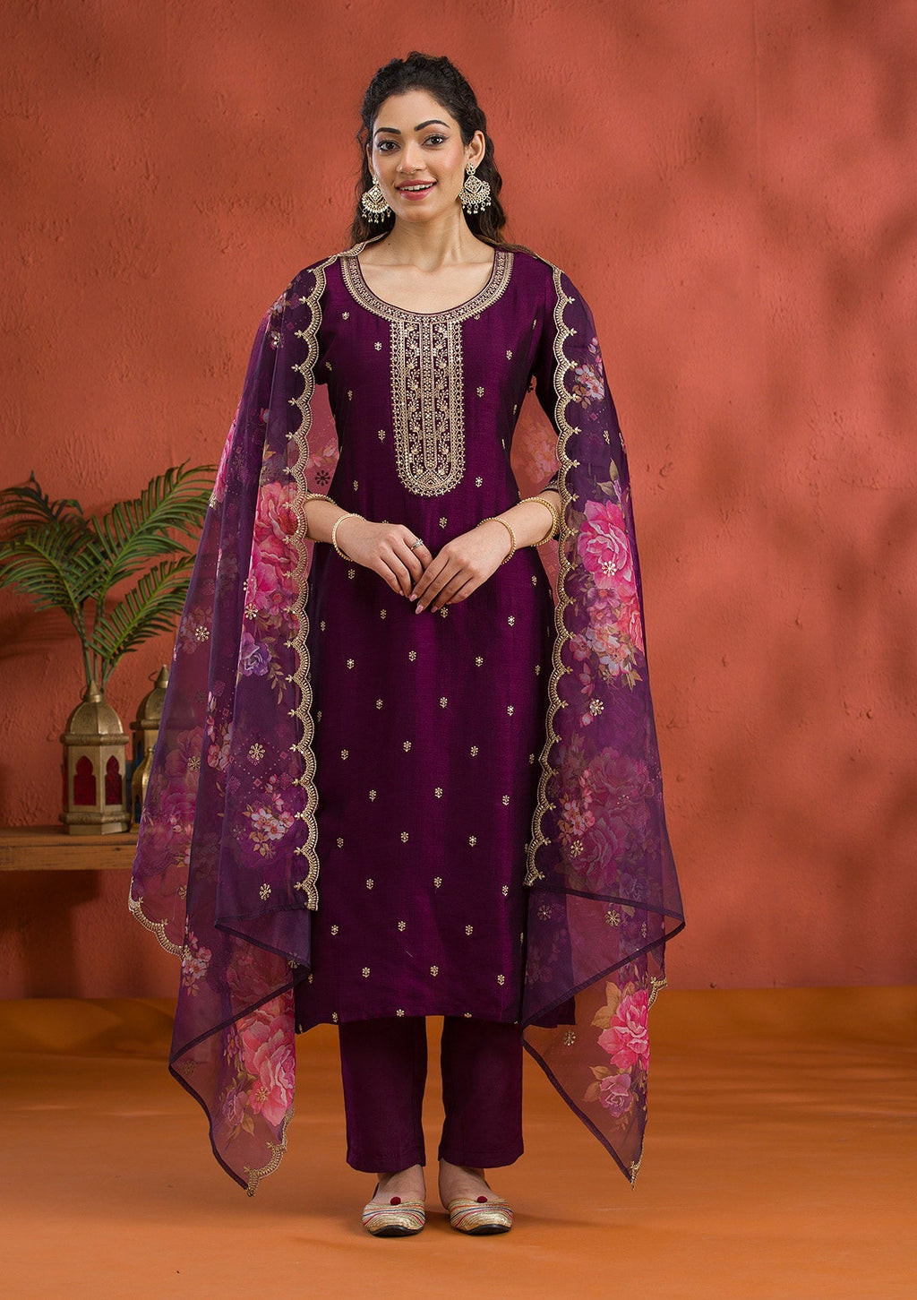 Purple Threadwork Raw Silk Readymade Salwar Suit