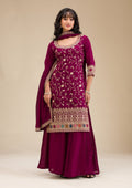 Wine Zariwork (Gold) Soft Raw Silk Readymade Salwar Suit