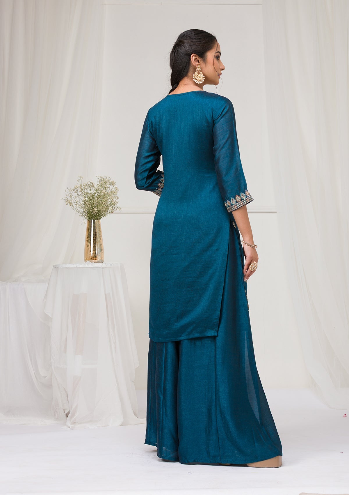 Peacock Blue Threadwork Raw Silk Readymade Salwar Suit