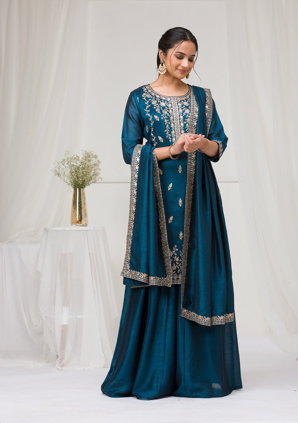 Peacock Blue Threadwork Raw Silk Readymade Salwar Suit