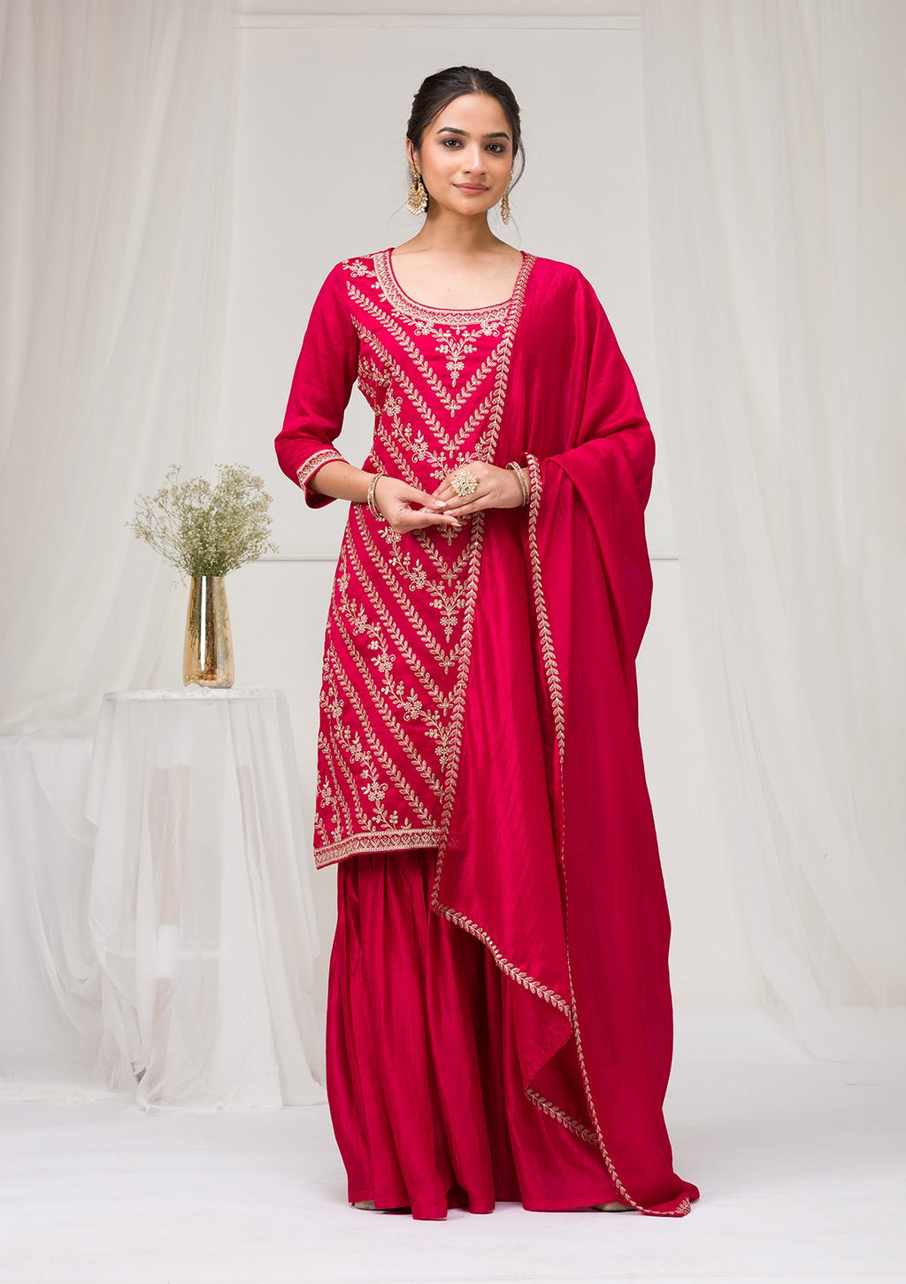 Rani Pink Zariwork Raw Silk Readymade Salwar Suit