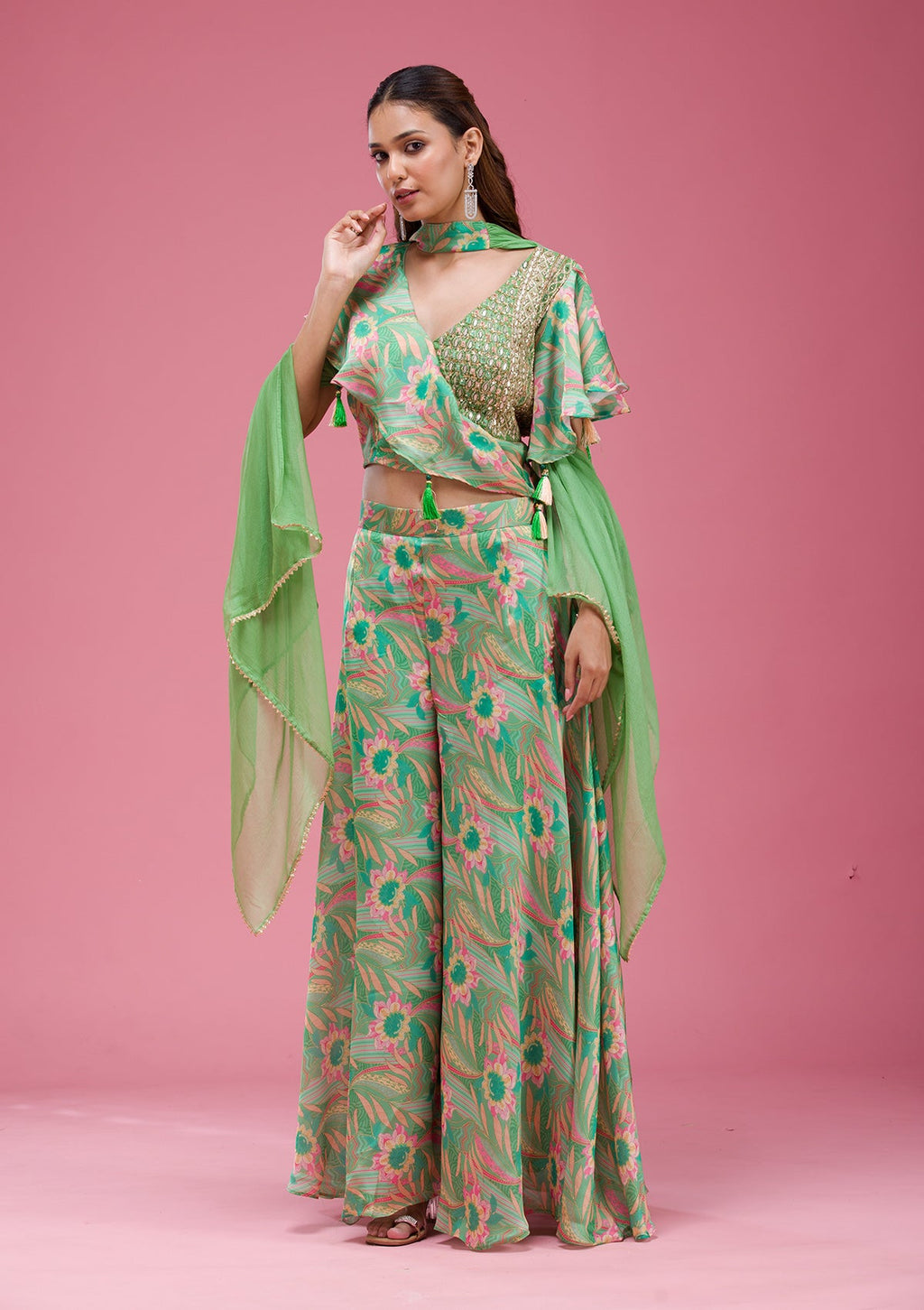 Green Mirrorwork Crepe Readymade salwar suit