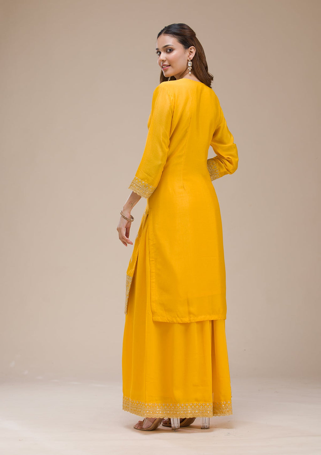 Mustard Yellow Zariwork (Gold) Chinon Readymade Sharara Suit