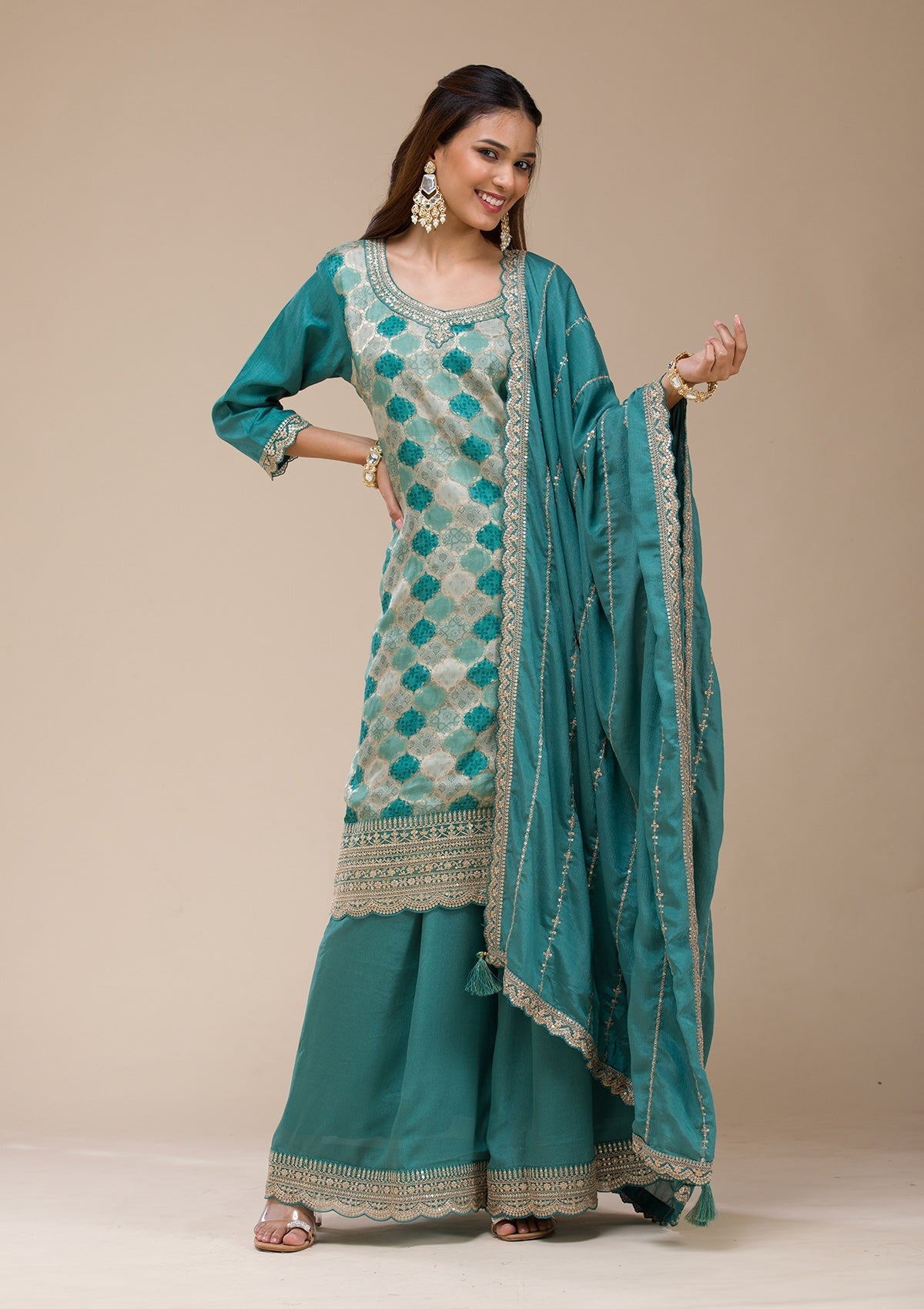 Sea Green Cording Dola Silk Readymade salwar suit